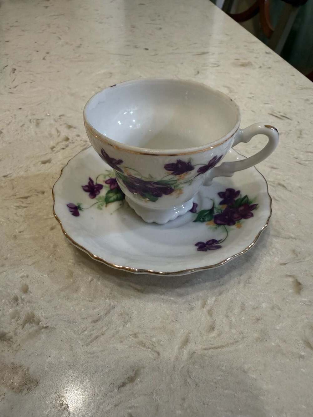 Vintage Made in Japan Porcelain Teacup and Saucer with Purple Violet Flowers and